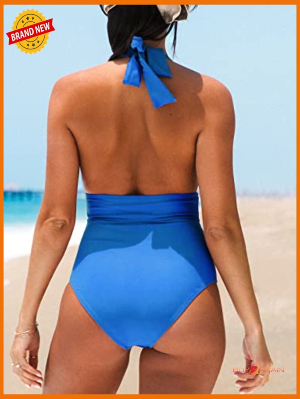 Women V Neck One Piece Swimsuit Halter Backless Tummy Control Ruched - Picture 2 of 6